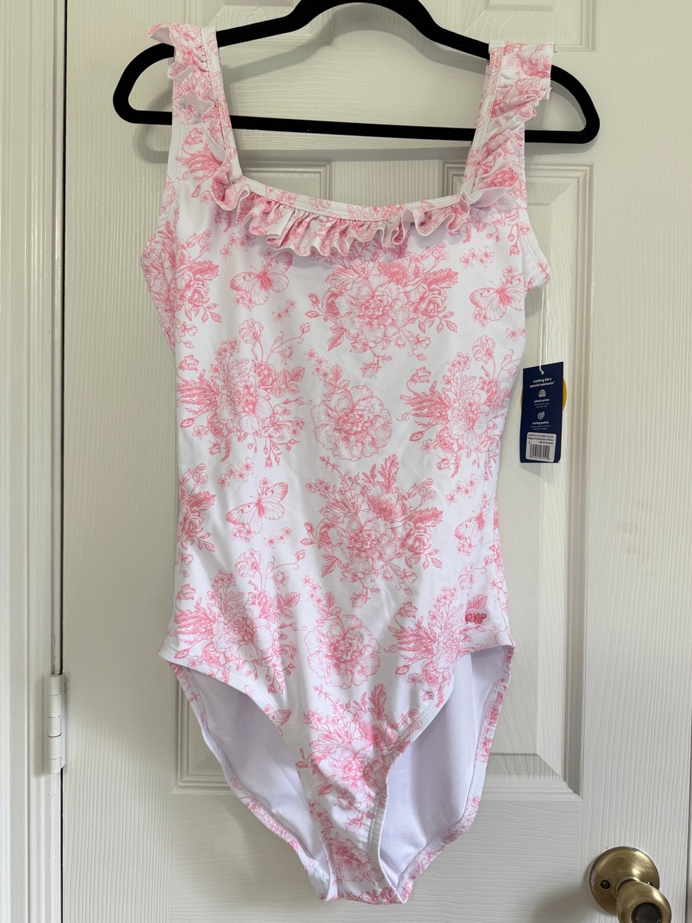 RuffleButts Women’s One Piece Swimsuit L White Pink Floral Toile Ruffle NWT